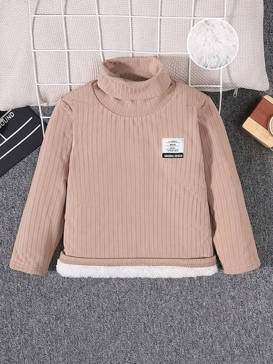 SHEIN Chàng trai trẻ Thư được vá Cổ cao Nhiệt Áo thun - màu nâu - Xem 1