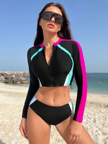 Swim SPRTY Summer Beach Sports Color Block Surfing Suit - Black - View 1
