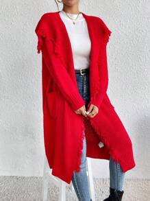 SHEIN Essnce Túi Kép Viền rìa Thả vai Áo len Duster - Đỏ - Xem 5