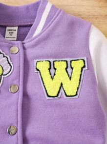 SHEIN 女小童字母和卡通圖案條紋飾邊學院風夾克&百褶半身裙