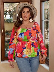 SHEIN VCAY Plus Graphic Print Flounce Sleeve Peplum Blouse - Multicolor - View 4