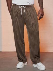 Manfinity Homme Loose Men's Plus Size Drawstring Waist Straight Leg Pants - Brown - View 1