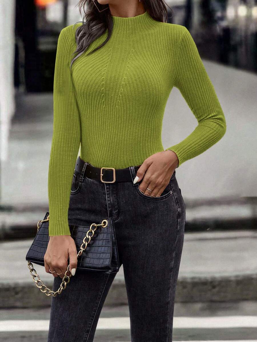 SHEIN Unity Mock Neck Ribbed Knit Jumper - Lime Green - View 1