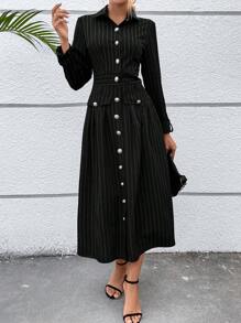 Chiquease 條紋印花翻蓋細節襯衫洋裝 - 黑色 - 查看 6