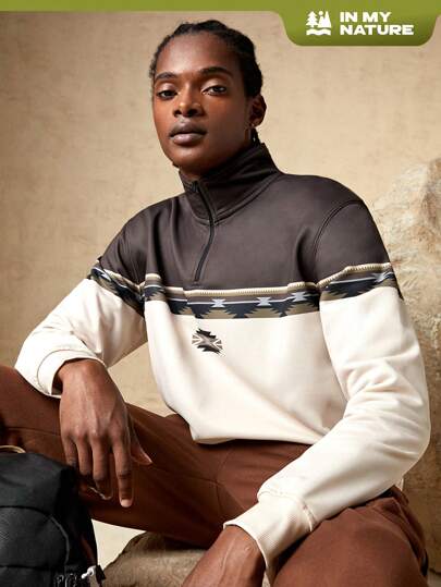 In My Nature Men Geo Graphic Colorblock Half Zip Hoodie