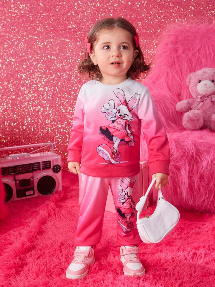 Baby Girl Cartoon Graphic Ombre Sweatshirt & Sweatpants