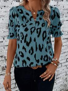 SHEIN LUNE Leopard Print Notched Neckline Puff Sleeve Blouse - Multicolor - View 4