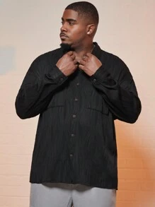 Manfinity Homme Men's Plus Size Solid Loose Fit Button Front Shirt - Black - View 4