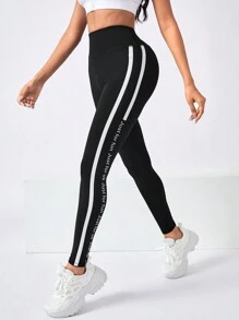 Easithlete 字母图案侧条纹运动紧身裤瑜伽女裤 - 黑色 - 查看 1