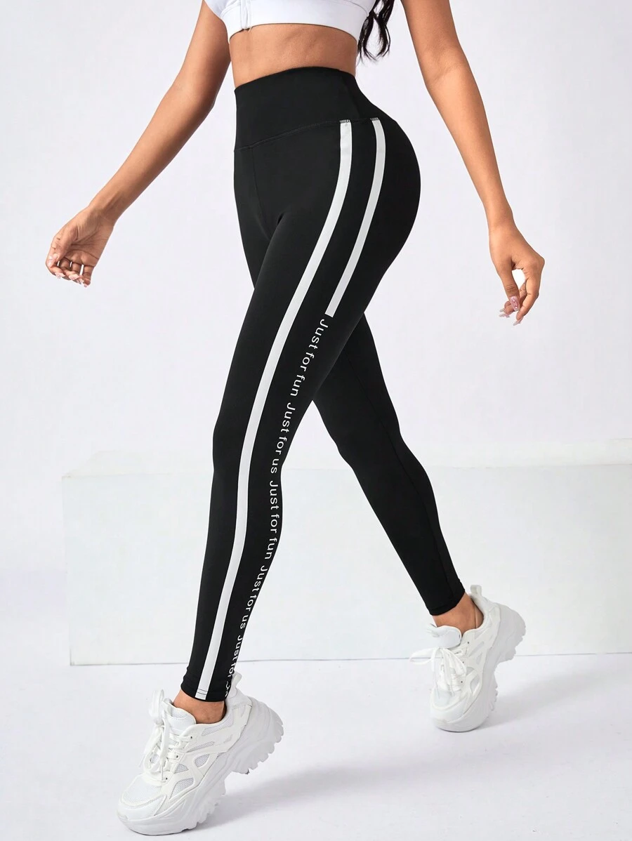 Easithlete 字母图案侧条纹运动紧身裤瑜伽女裤 - 黑色 - 查看 1