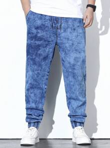 Extended Sizes Nam Plus Dây Rút Eo Quần Jogger Jean Dài Giặt Denim Quần Jogger Jean Hàng Hóa Đồng Bằng Xanh Da Trời Tập Luyện Kích Thước - Màu xanh lam - Xem 5