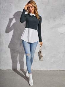 SHEIN Clasi Two Tone 2 In 1 Ribbed Knit 2 In 1 Top - Dark Grey - View 5
