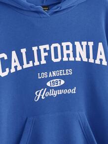 SHEIN EZwear 加大码字母图案袋鼠口袋落肩抽绳卫衣连衣裙 - 寶藍色 - 查看 4