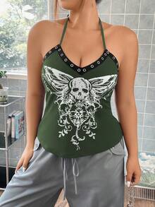 SHEIN ICON Plus Skull Print Grommet Detail Halter Top - Green - View 5
