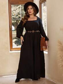 SHEIN VCAY Plus Square Neck Lantern Sleeve Wide Leg Jumpsuit Without Belt - Black - View 1
