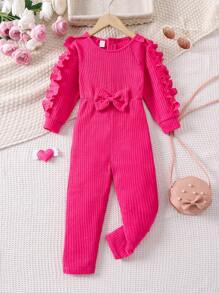 SHEIN 女小童荷葉邊前蝴蝶結插肩袖連身褲 - 玫紅色 - 查看 1