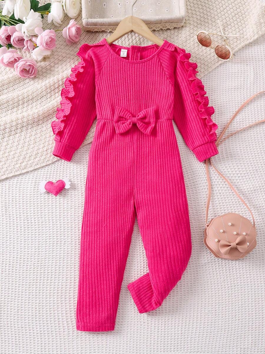 SHEIN 女小童荷葉邊前蝴蝶結插肩袖連身褲 - 玫紅色 - 查看 1