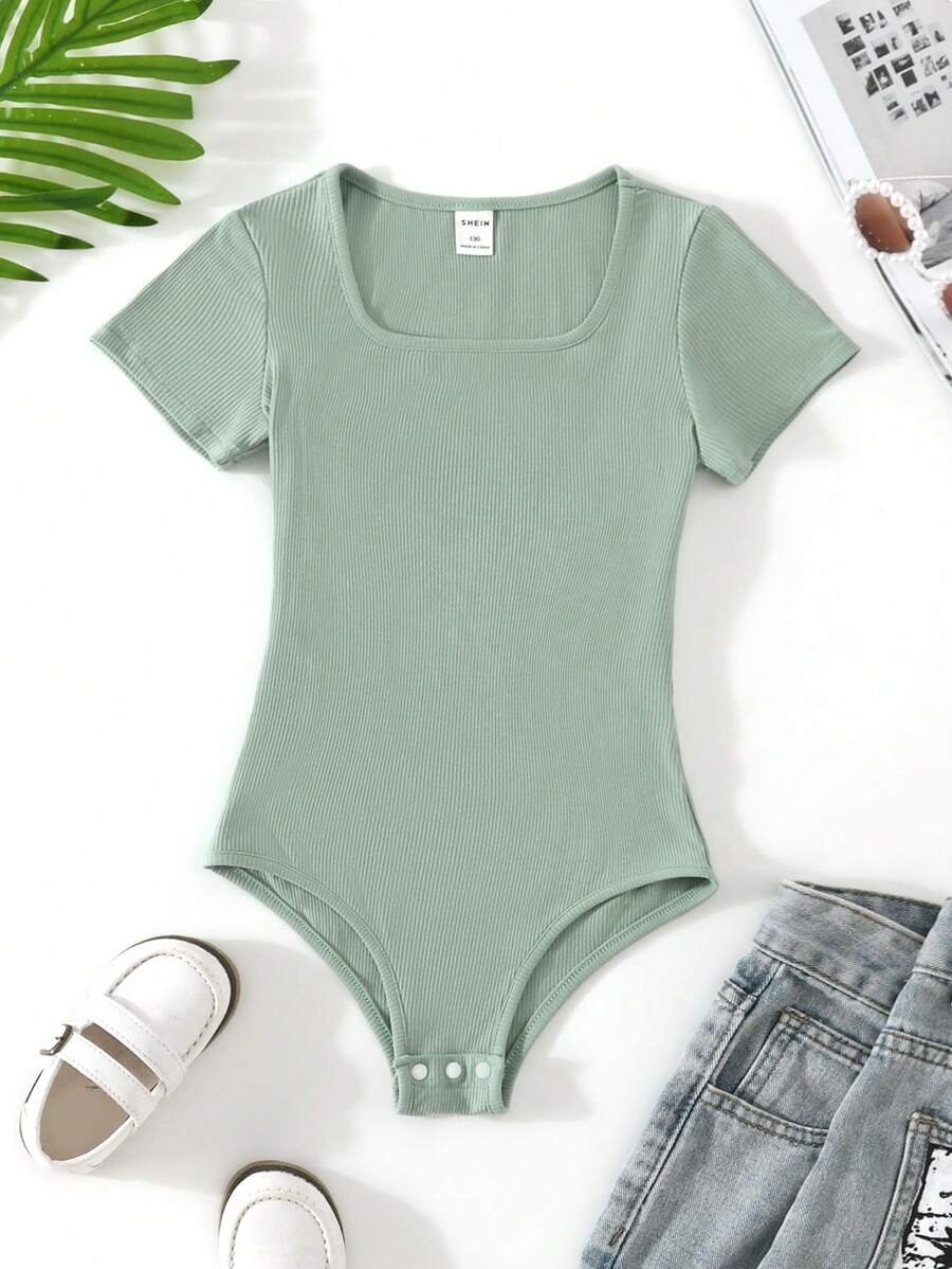 SHEIN Tween Girl Knitted Solid Color Street Style Short Sleeved Bodysuit, Light Green, Spring/Summer Summer Holiday - Mint Green - View 1