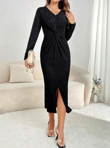 SHEIN Unity Twist Front Split Thigh Dress - Black - View 3