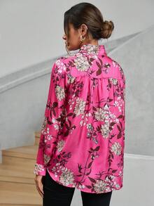 SHEIN Clasi In hoa Cà vạt Xa ten Áo sơ mi - Màu Hoa hồng đỏ - Xem 3