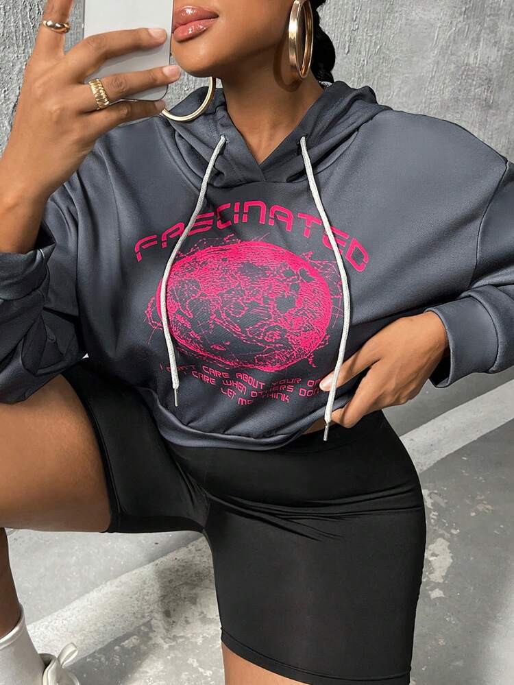 Plus Size Slogan Graphic Drop Shoulder Drawstring Sweatshirt