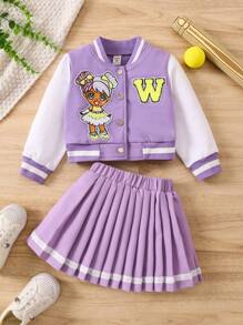 SHEIN 女小童字母和卡通圖案條紋飾邊學院風夾克&百褶半身裙