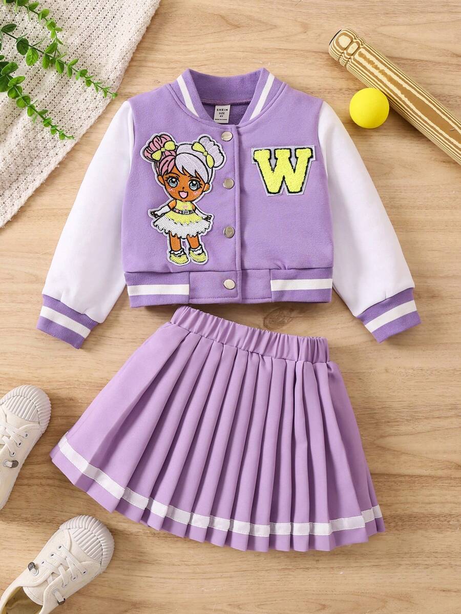 SHEIN 女小童字母和卡通圖案條紋飾邊學院風夾克&百褶半身裙