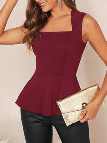 SHEIN Clasi Square Neck Peplum Tank Top - Red - View 4