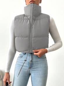 RueChic Zip Up Drawstring Hem Vest Puffer Coat - Grey - View 4