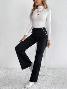 SHEIN Tall 紐扣細節直筒褲 - 黑色 - 查看 6