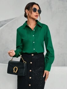 SHEIN Privé 素色百褶細節前紐扣襯衫 - 墨綠色 - 查看 1