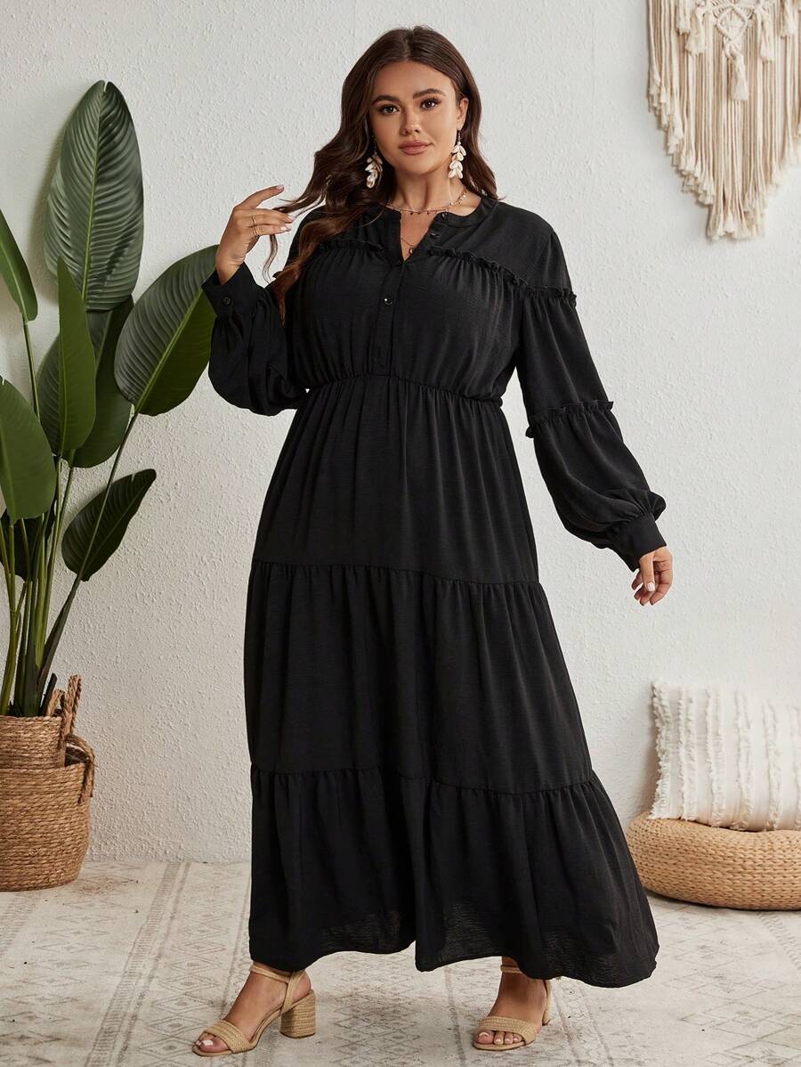 SHEIN VCAY Hơn Tay áo lồng đèn Nhiều lớp Xù Hoa Sen Đầm - màu đen - Xem 1