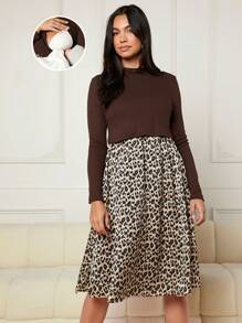 SHEIN Maternity Leopard Print Mock Neck Nursing Dress - Brown - View 1