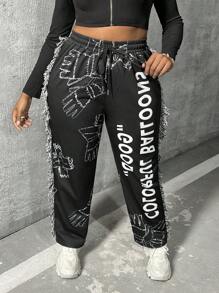 Slaydiva Plus Hand & Letter Graphic Raw Trim Drawstring Waist Sweatpants - Black - View 6