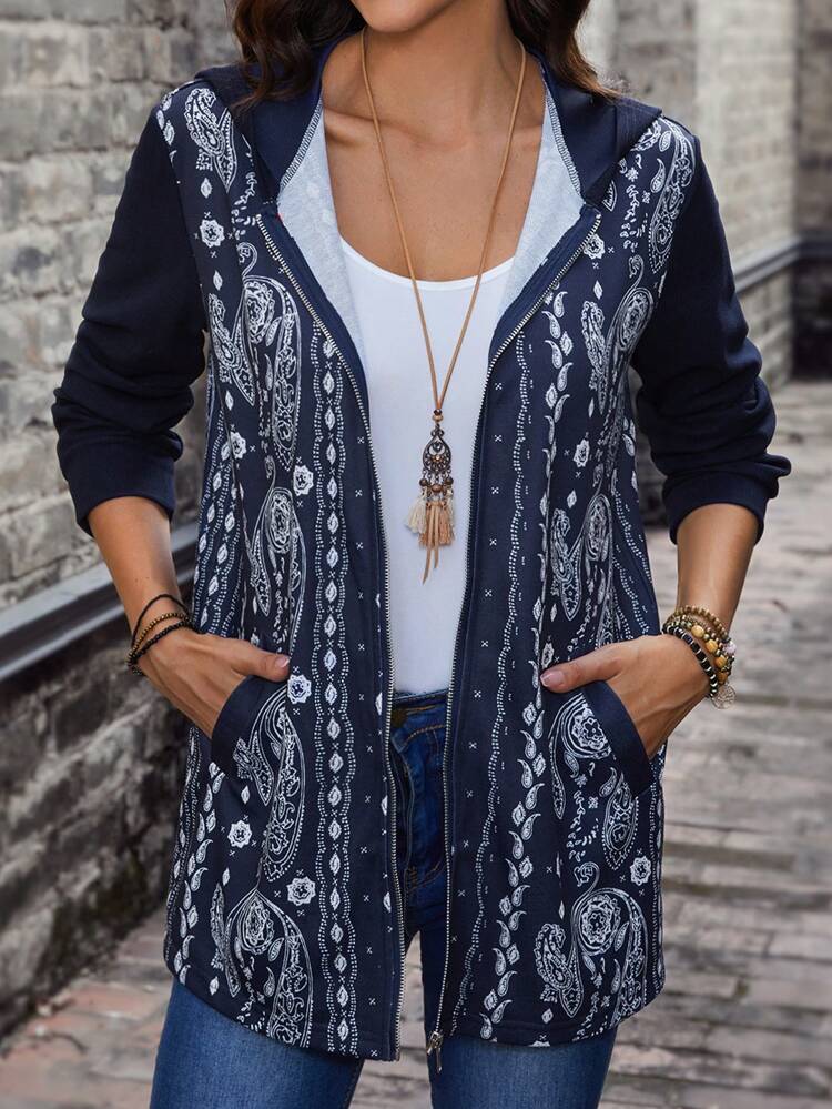 Paisley Print Zip Up Hooded Coat