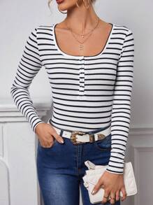 SHEIN Essnce Striped Print Half Button Tee - Blue and White - View 1