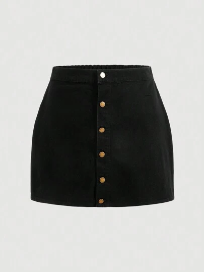 SHEIN MOD Falda Vaquera Recta Con Botones En La Parte Delantera De Talla Grande Para Mujer