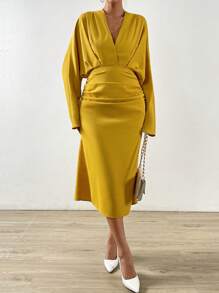 SHEIN Privé Vestido unicolor fruncido delantero de manga murciélago - Amarillo - Ver 3