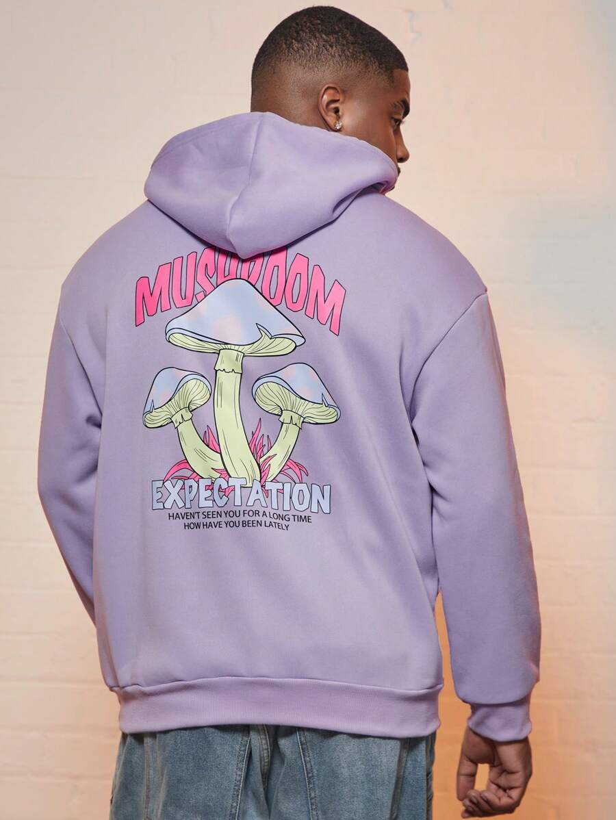 Manfinity Hypemode Nam Plus Nấm & Đồ họa Khẩu hiệu Dây rút Hoodie - Màu tím hoa cà - Xem 1