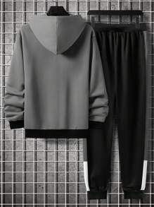 Manfinity Homme Men Letter Graphic Kangaroo Pocket Drawstring Hoodie & Sweatpants - Grey - View 2