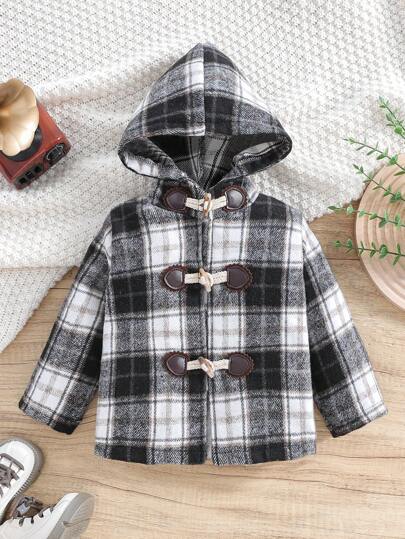 SHEIN Baby Boy Plaid Print Hooded Duffle Tweed Overcoat