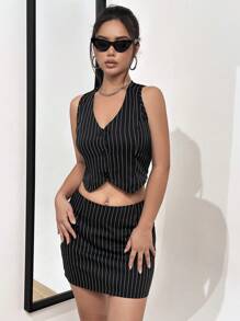 SHEIN Unity Striped Print Button Front Vest Coat & Skirt - Black - View 5
