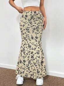 SHEIN EZwear 波西米亞全身印花 花卉印花女士半身裙 - 杏色 - 查看 4