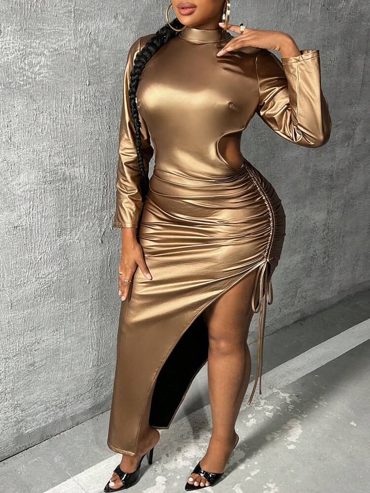 Plus Cut Out Waist Split Thigh Metallic Dress
