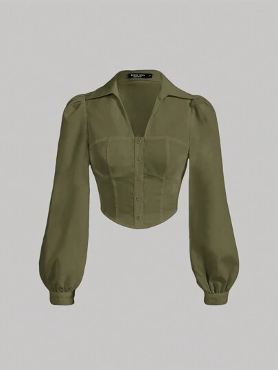 SHEIN MOD 女士休闲纽扣前开襟泡泡袖衬衫，秋季款