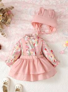 Baby Girl Floral Print Flounce Sleeve 2 In 1 Dress & Hat - Multicolor - View 1