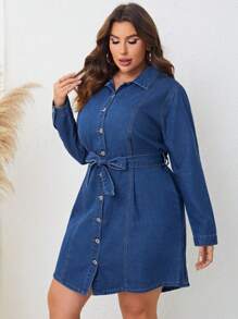 SHEIN LUNE 大碼前紐扣腰帶牛仔洋裝 - 中等水洗藍 - 查看 6