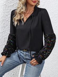 SHEIN Clasi 亮片拼接荷葉袖繫帶領襯衫 - 黑色 - 查看 5