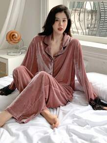 DAZY Ren tương phản Nút phía trước Bộ PJ - Hồng - Xem 5