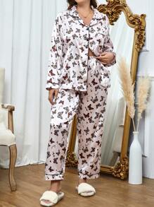 大碼蝴蝶圖案拼接滾邊緞面睡衣套裝 - 淺粉色 - 查看 4